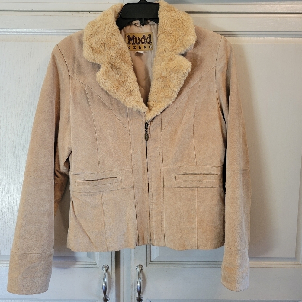Mudd Jeans Tan Suede Leather Faux Fur Collar Jacket Coat